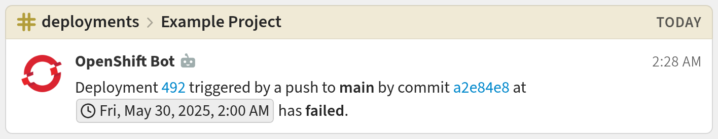 OpenShift integration message